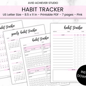May include: Printable pink habit tracker with a yearly calendar and a weekly habit tracker. The weekly tracker has a section for notes and a grid of circles for marking habits.