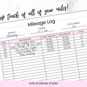 May include: A printable mileage log for tracking travel distances. The log includes columns for date, month, destination, start mileage, end mileage, and total miles. The log is designed for January and includes a total mileage of 84 miles.