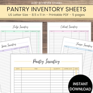 May include: Five printable pantry inventory sheets in US Letter size (8.5 x 11 inches). The sheets are labeled "Fridge Inventory", "Cabinet Inventory", "Spices Inventory", "Pantry Inventory", and "Freezer Inventory". Each sheet has columns for date, item, quantity, expire date, and used.