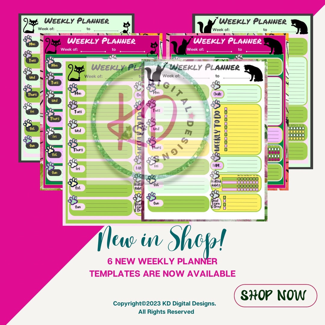KD Cat Themed Printable Weekly Planner, Weekly Schedule, Digital ...