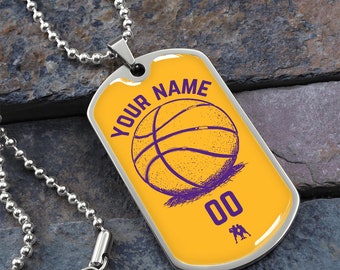 Naszyjnik z imieniem dla córki i syna koszykarza, prezenty dla córek, prezenty dla synów, prezent koszykarski, naszyjnik Lakers, naszyjnik NBA