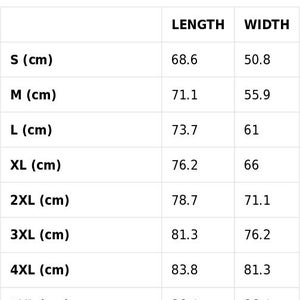 May include: Size guide chart for clothing with measurements in centimeters. The chart shows the length and width of clothing in sizes S, M, L, XL, 2XL, 3XL, 4XL, and 5XL.
