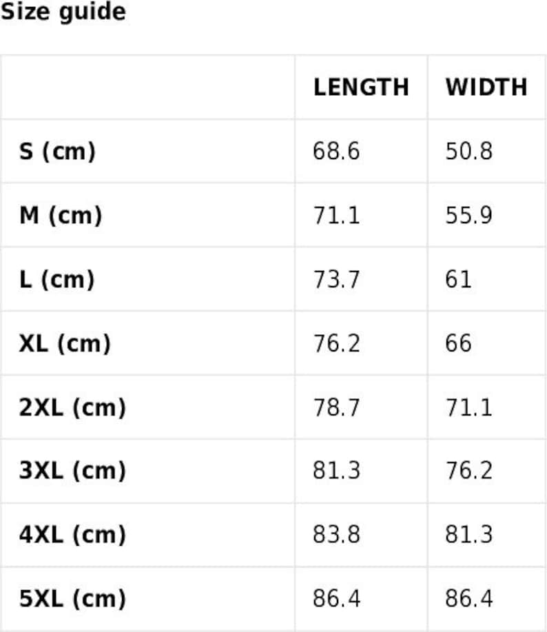 May include: Size guide chart for clothing with measurements in centimeters. The chart shows the length and width of clothing in sizes S, M, L, XL, 2XL, 3XL, 4XL, and 5XL.