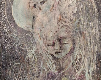 Original Mixed Media Owl Painting | Sgraffito Cosmic Night Sky Art