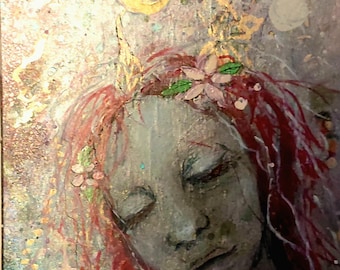 Original Mixed Media Painting, Celtic Folklore Art, Celestial Fairy, Ink Charcoal Oil (6x9 inches)