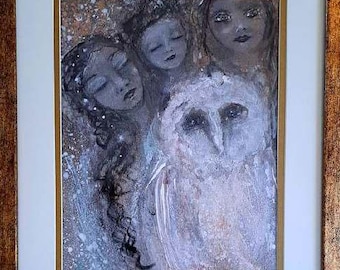 Original Owl Mixed Media Painting 16x20 Framed Antique Bronze Wall Art Triple Goddess Portrait OOAK Renaissance Castlecore Witchy Fall Vibes