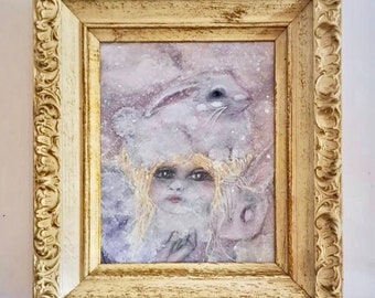 FRAMED Original Mixed Media Wall Art: Little Girl With Snow Bunnies Surreal Painting OOAK Whimsical Fantasy Antique Frame Gift for Her