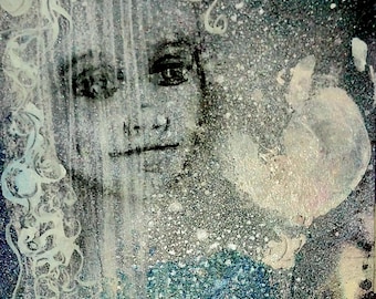 Original Alcohol Ink Painting, Ethereal Female Portrait, Gold Leaf Accents, Mystical Wall Decor