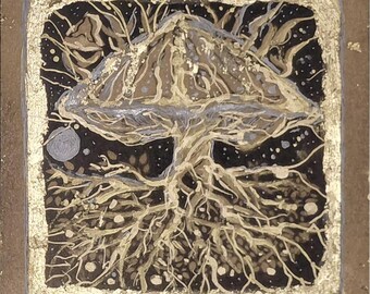 Original Mushroom Art Painting: Gold Leaf Celestial Roots, Psychedelic Fall Wall Art