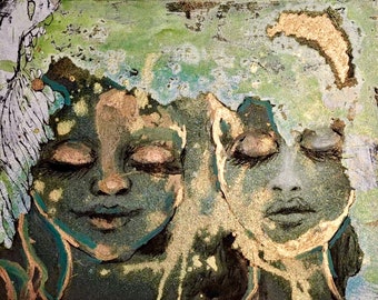 Original Mixed Media Painting: Daughters of the Moon Goddess Wall Art Best Friend Gift for Her