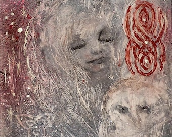 Original Fantasy Painting: Owls, Moon, Celtic Knot – Mystical Wall Decor