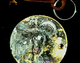 Original Art Antique Keychain With Vintage Skeleton Key, Abstract Fairy Painting, Vintage Key, Fairy Charm, Key Included, Rustic Home Decor