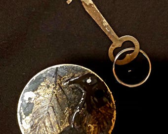 Original Art Antique Keychain Raven Painting  OOAK Handcrafted Wood Charm and Authentic Vintage Skeleton Key Gothic Fall Gift for Bird Lover