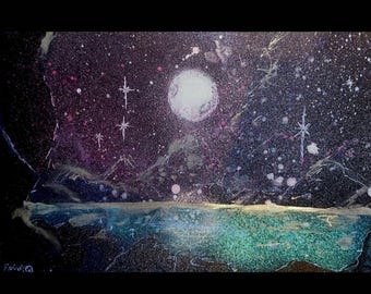 Original Celestial Nebula Painting, Shimmering Cosmic Wall Art, Vibrant Alcohol Ink Acrylic