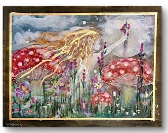 Original Mixed Media Fairycore Mushroom Wall Art, Magical Fall Forest Fairy, Cozy Autumn Painting, Red Toadstool Whimsical Cottagecore Decor