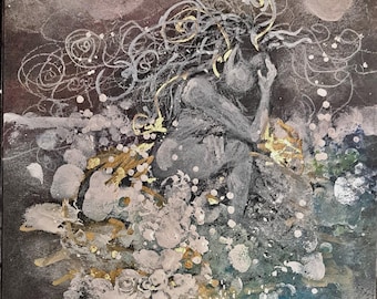 Original Mixed Media Painting, Sea Witch Art, Greek Mythology, Water Nymph Mermaid Fantasy
