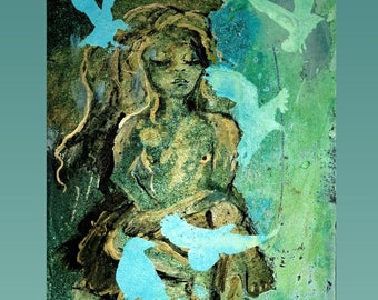Original Mixed Media Painting: Sea Witch. Goddess, Seagulls, Ocean Decor, Art Gift for Her