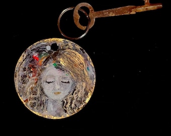 Original Art Antique Keychain "Flower Child" Hand Painted Portrait Wood Charm with Authentic Vintage Skeleton Key Gift Rustic Home Decor