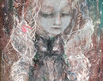 Original Mixed Media Painting Vikiing Goddess Freya and Black Cat Art Celestial Moon Fall Decor Dark Academia Witchy Magical Vibes Halloween