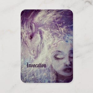 May include: A rectangular card with rounded corners features an ethereal illustration. A woman with closed eyes is depicted alongside a white horse-like figure. The word "Invocation" is written in a stylized font. The color palette includes shades of purple, white, and blue.
