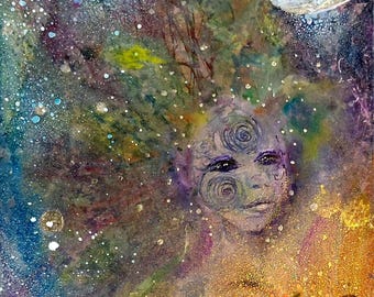 Original Mixed Media Painting: Litha Midsommar Solstice Goddess Art, Cosmic Sgraffito OOAK Witchy Wall Decor
