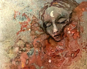 Original Mixed Media Painting: Ethereal Goddess Portrait, Celestial Moon Artwork