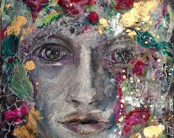 Original Mixed Media Painting Goth Wall Art New Orleans Vampire Portrait Romantasy Decor Unseelie Court Roses Dark Fae Gift for Book Lovers