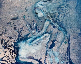 Original Mixed Media Painting: Blue White China Moon Goddess and Bunnies, Whimsical Fantasy Art, Alcohol Ink, Antique Style Illustration