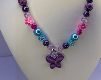 Purple Butterfly Charm Necklace & Bracelet Set: Beaded Floral Jewelry