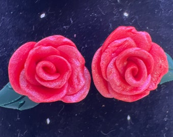 Handmade clay rose earrings in varied colors. With or without leaves. Romantic and individual