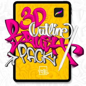Peut inclure: Une illustration numérique d'un écran de tablette affichant un pack de pinceaux 3D Outline pour Procreate. Le texte est dans un style graffiti avec des lettres roses, blanches et grises sur un fond jaune. Un stylet blanc est affiché à côté de la tablette.