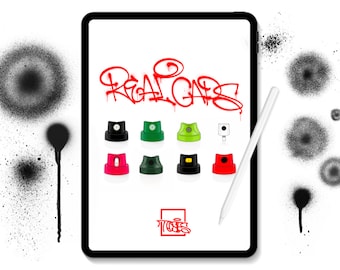 Pode incluir: Um tablet digital que exibe uma variedade de tampas de tinta spray, com o texto "REAL CAPS" em fonte de graffiti vermelho. O tablet está em um fundo branco com uma caneta stylus ao lado. Também há vários padrões de tinta spray no fundo.