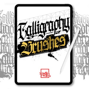 May include: A digital tablet screen displaying a graphic design for calligraphy brushes. The design features the words "Calligraphy Brushes" in a black and gold gothic font with a black and white grunge background. The tablet is on a white surface with a white stylus next to it.