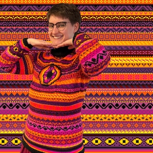 May include: A colorful knitting pattern design with the text "We Understand The Lights" and "Knitting Colourwork Pattern". The image features a person wearing a vibrant, patterned sweater in shades of orange, pink, and purple.
