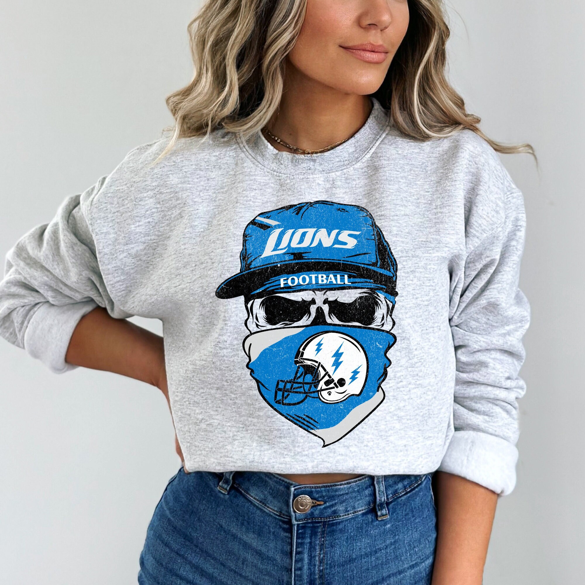 Detroit Michigan Football Unisex Crewneck Sweatshirt Skull Lions Halloween Shirt Distressed Vintage 90s Michigan Gifts Football Fan