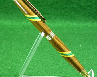 Gold Segmented Palo Santo Pen with Green and Yellow Spectraply body accents. Free personalization and wooden pen box.