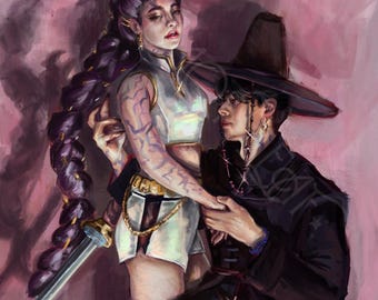 May include: A digital painting of two figures in fantasy attire. One figure wears a white and gold outfit with a sword, the other a black robe and hat. The background is a blend of pink and purple hues.