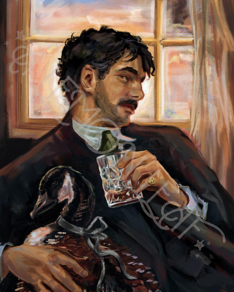 May include: An artistic painting depicts a man in a dark suit holding a glass of amber liquid and a goose with a ribbon. The man has a mustache and is wearing a gold ring. The background shows a window with a sunset view.