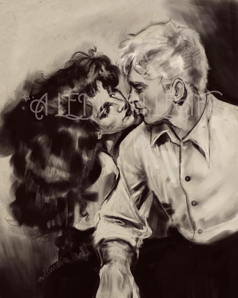 May include: A black and white drawing of a couple gazing at each other with affection. The woman has long dark hair and the man has short blond hair. They are both wearing casual attire.