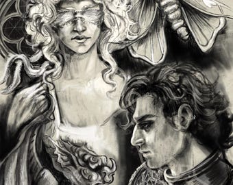 May include: A grayscale illustration featuring three figures: a person with a blindfold, a person with dark hair, and a dragon-like creature. A large moth is positioned above the person with the blindfold. The artwork has a detailed, sketched style.