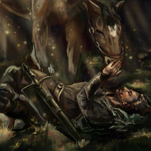 May include: A man lies on the ground, his eyes closed, as a brown horse leans down to nuzzle him. The scene is bathed in a soft, golden light, creating a peaceful and magical atmosphere.