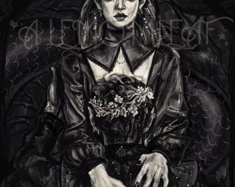 May include: A black and white drawing of a woman wearing a crown and a long dress with a floral pattern. She is sitting on a throne with a dark background.