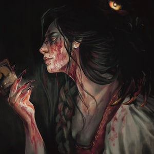 May include: A woman with long dark hair and a bloody face holds a card in her hand. She is wearing a white shirt with a red bodice and a gold trim. A large, dark, shadowy figure with a glowing yellow eye is behind her.
