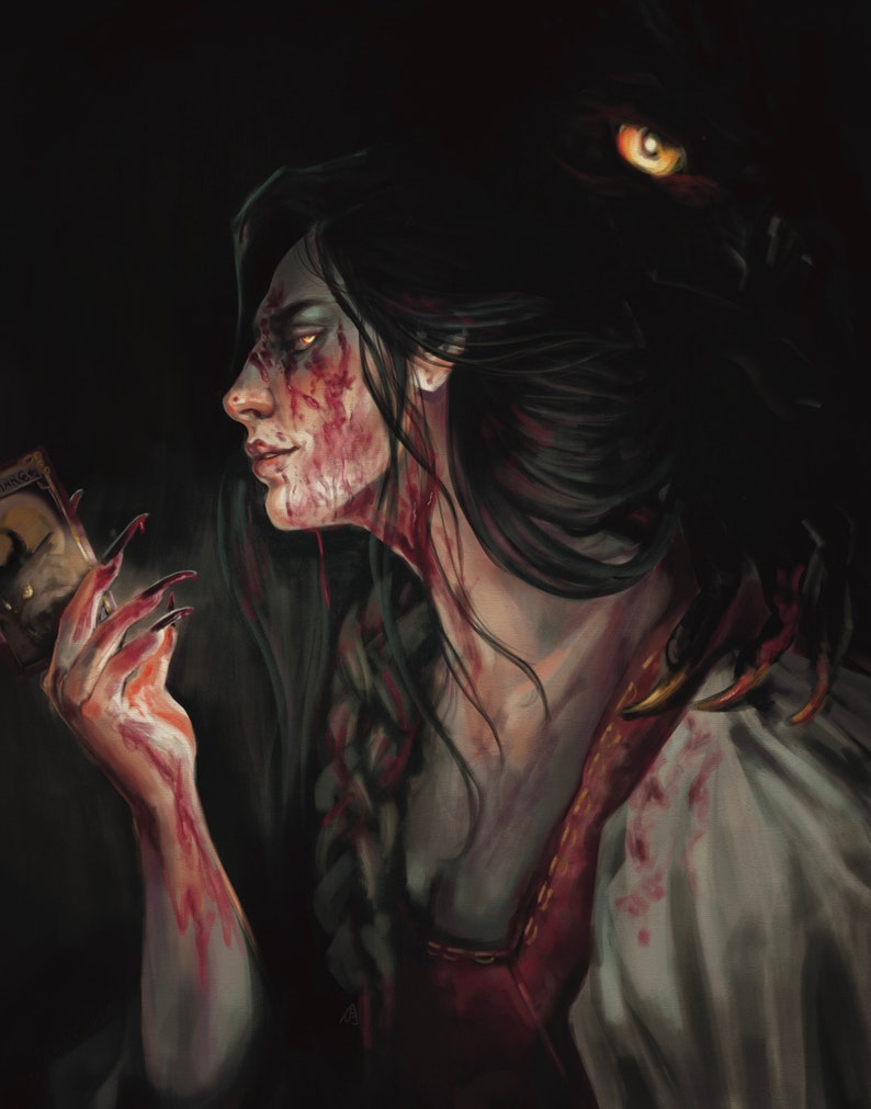 May include: A woman with long dark hair and a bloody face holds a card in her hand. She is wearing a white shirt with a red bodice and a gold trim. A large, dark, shadowy figure with a glowing yellow eye is behind her.