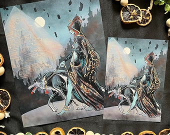 May include: A watercolor painting of a woman in a dark blue and gold robe, walking with a wolf in a moonlit forest. The woman has long black hair and is wearing a crown. The wolf is black with white markings. The background is a dark blue and purple.