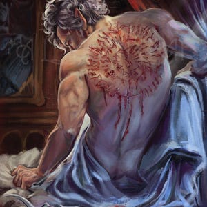 Puede incluir: Un hombre con cabello blanco se sienta en una cama, con la espalda vuelta y mirando hacia abajo. Su espalda está cubierta de sangre y hay un gran símbolo sangriento tallado en su piel.