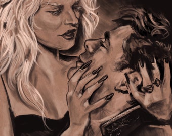 May include: A woman with long blonde hair leans in close to a man with dark hair, her hand on his face. The woman is wearing a black top and the man is wearing a dark shirt with a patterned design.