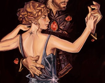 May include: A couple dances in a dimly lit room. The woman wears a sparkling blue dress and the man wears a dark suit with red gems. The couple is silhouetted against a dark background.