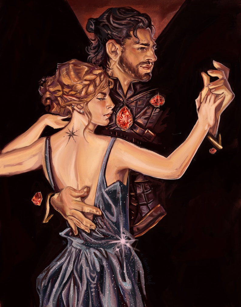 May include: A couple dances in a dimly lit room. The woman wears a sparkling blue dress and the man wears a dark suit with red gems. The couple is silhouetted against a dark background.