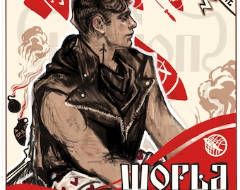 May include: Illustration of a person in a leather jacket, with a cross tattoo on their neck, and red bombs falling in the background. The image has the words "WORLD DUNGEON" and "NEEEEEEEW ACHIEVEMENT". The text "CRAWLER #4122" is also present.